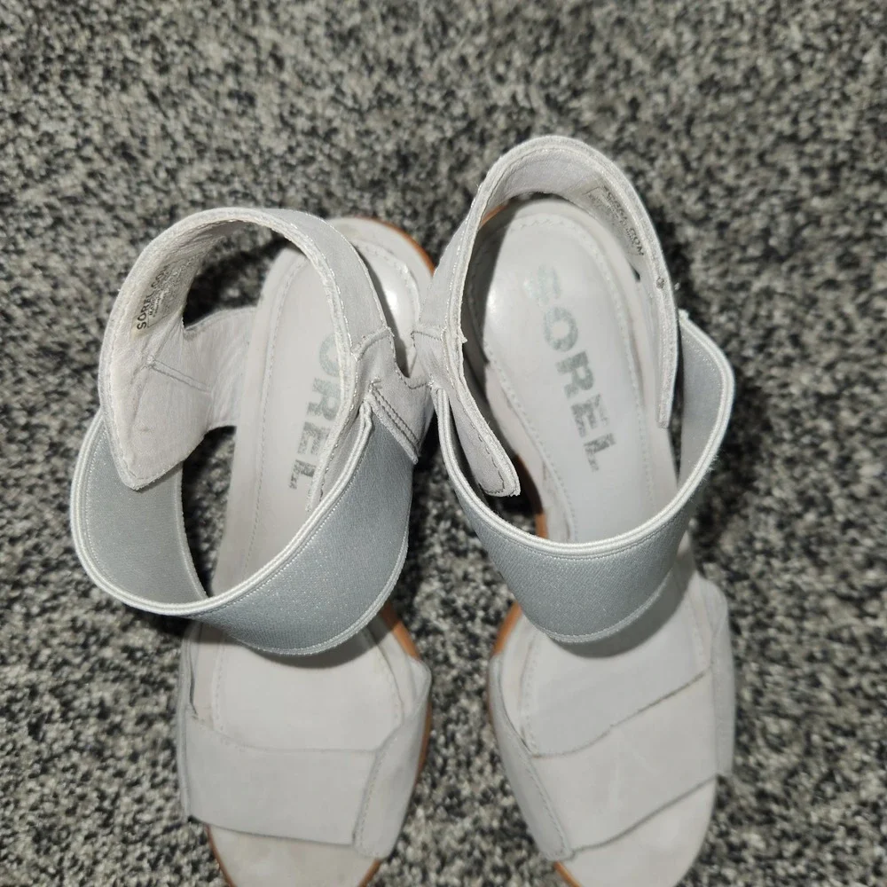 Sorel Nadia Sandal Grey Sz 6.5 Ankle Strap Elastic,Chunky Heel Lug Slip On Chic